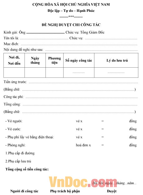 Mẫu đề nghị duyệt chi công tác