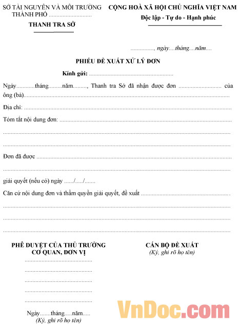 Mẫu phiếu đề xuất xử lý đơn