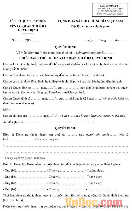 Mẫu số 03/KTTT: Quyết định về việc thanh tra (kiểm tra) thuế