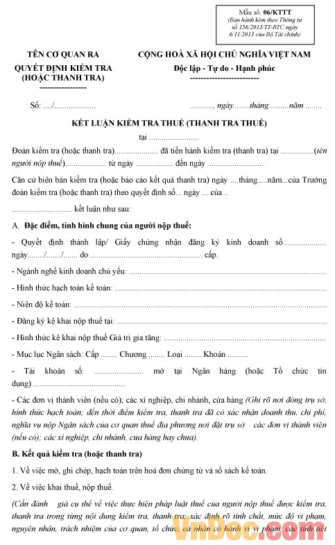Mẫu số 06/KTTT: Kết luận thanh tra thuế