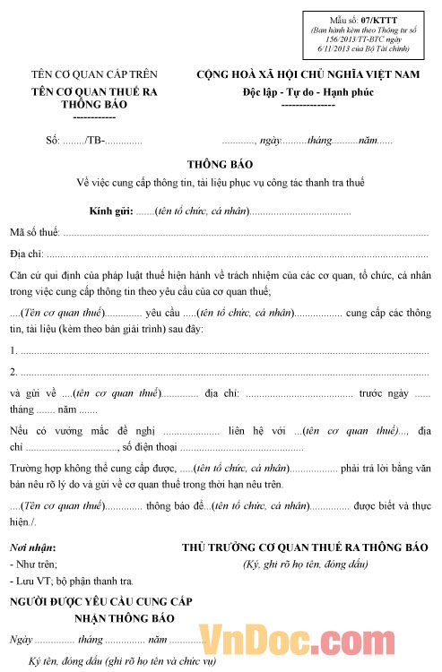 Mẫu số 07/KTTT: Thông báo về việc cung cấp thông tin, tài liệu phục vụ công tác thanh tra thuế