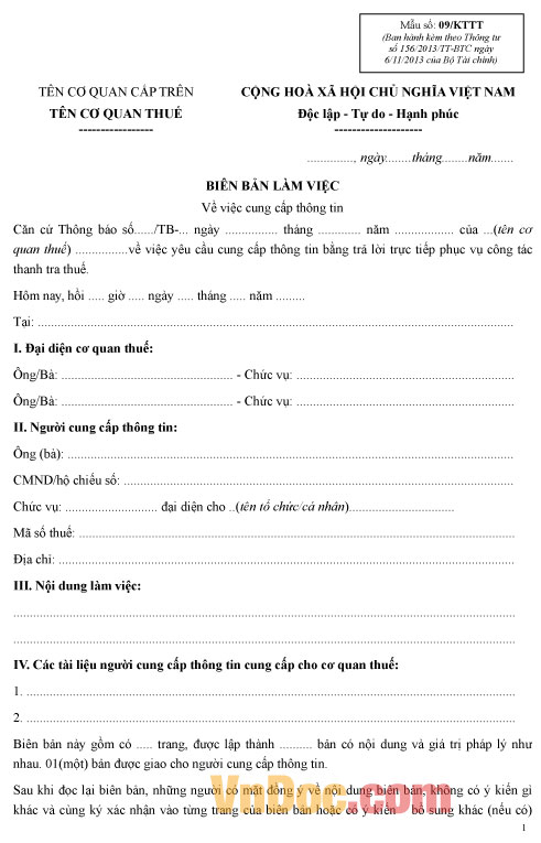 Mẫu số 09/KTTT: Biên bản làm việc về việc cung cấp thông tin