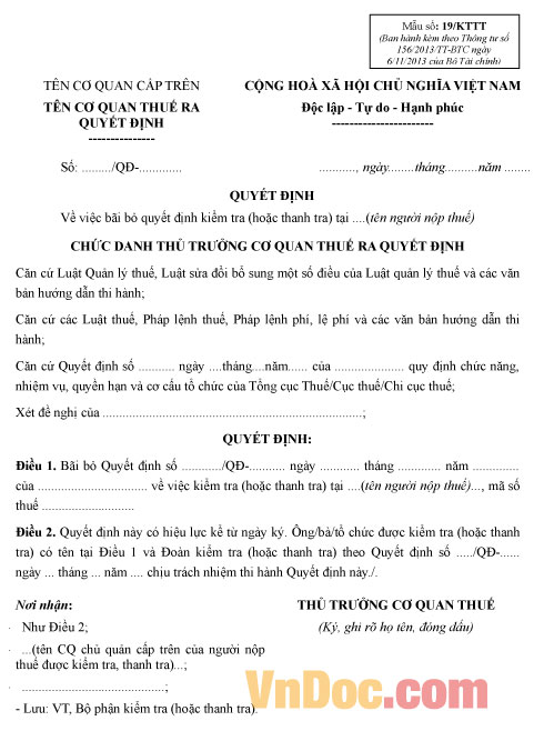 Mẫu số 19/KTTT: Quyết định về việc bãi bỏ quyết định kiểm tra thuế
