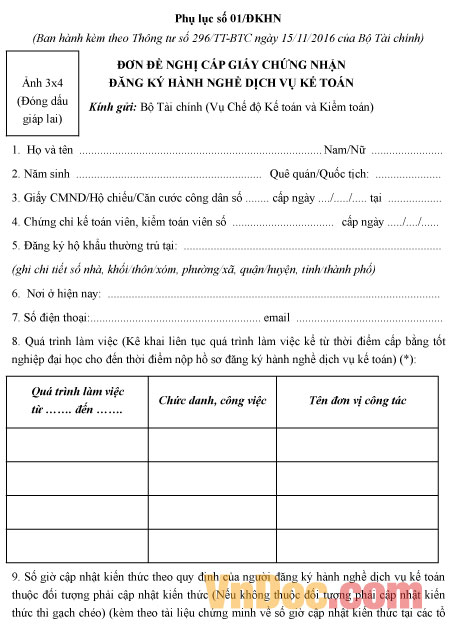 Mẫu đơn đề nghị cấp giấy chứng nhận đăng ký hành nghề dịch vụ kế toán