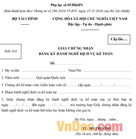 Mẫu giấy chứng nhận đăng ký hành nghề dịch vụ kế toán