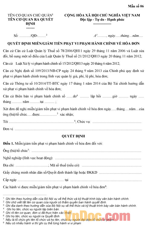 Mẫu quyết định miễn/giảm tiền phạt vi phạm hành chính về hóa đơn
