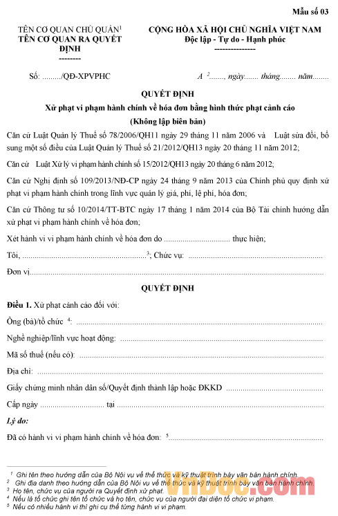 Mẫu quyết định xử phạt vi phạm hành chính về hóa đơn bằng hình thức phạt cảnh cáo