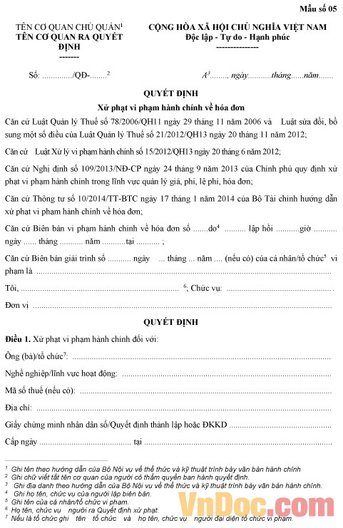 Quyết định xử phạt vi phạm hành chính về hóa đơn Mẫu quyết định xử phạt vi phạm hành chính về hóa đơn