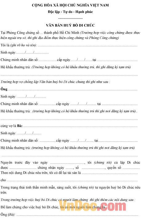 Văn bản hủy bỏ Di chúc Mẫu văn bản hủy bỏ Di chúc