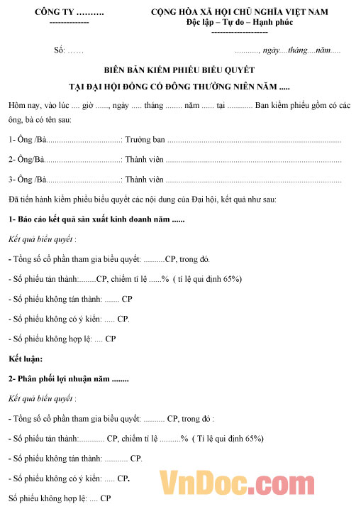 Mẫu biên bản kiểm phiếu biểu quyết tại đại hội đồng cổ đông