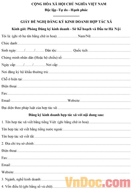 Mẫu giấy đề nghị đăng ký kinh doanh Hợp tác xã
