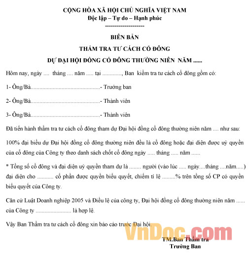 Biên bản kiểm tra tư cách cổ đông Mẫu biên bản kiểm tra tư cách cổ đông