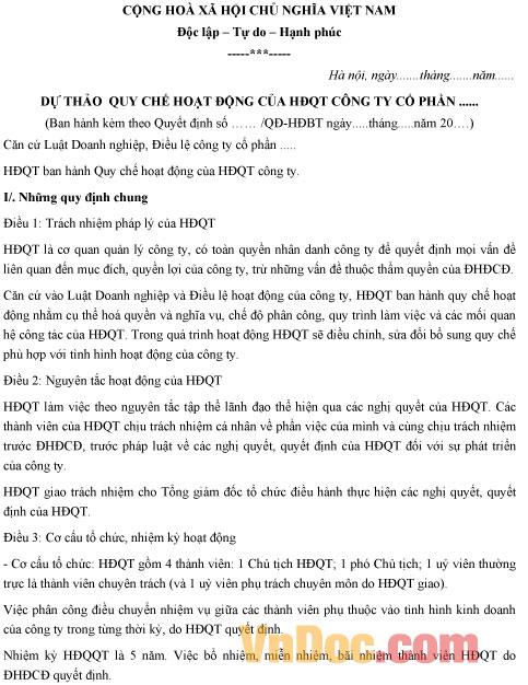 Mẫu Quy chế hoạt động của Hội đồng quản trị