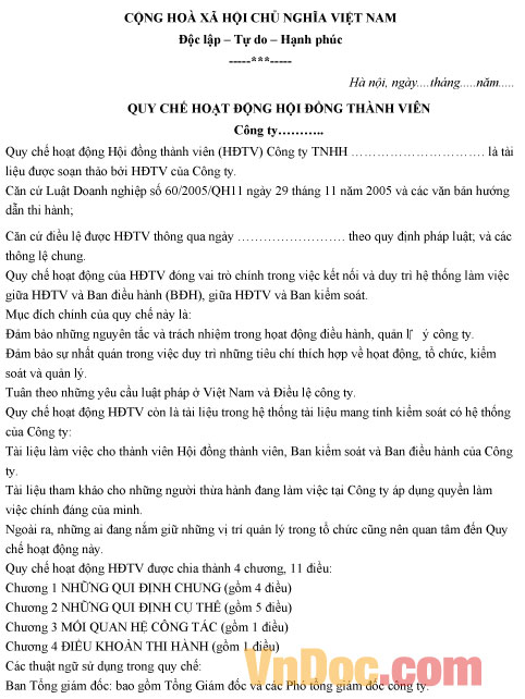 Mẫu Quy chế hoạt động của Hội đồng thành viên công ty TNHH