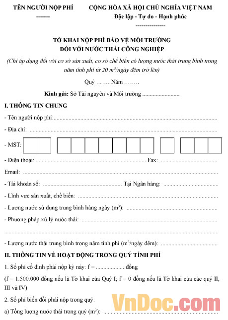 Mẫu tờ khai nộp phí bảo vệ môi trường đối với nước thải công nghiệp