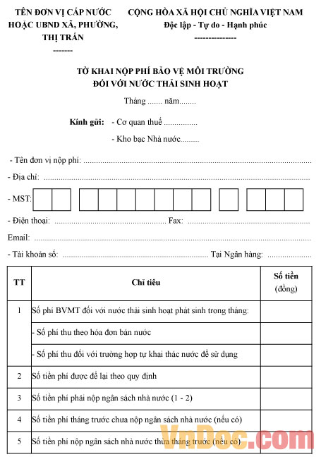 Mẫu tờ khai nộp phí bảo vệ môi trường đối với nước thải sinh hoạt