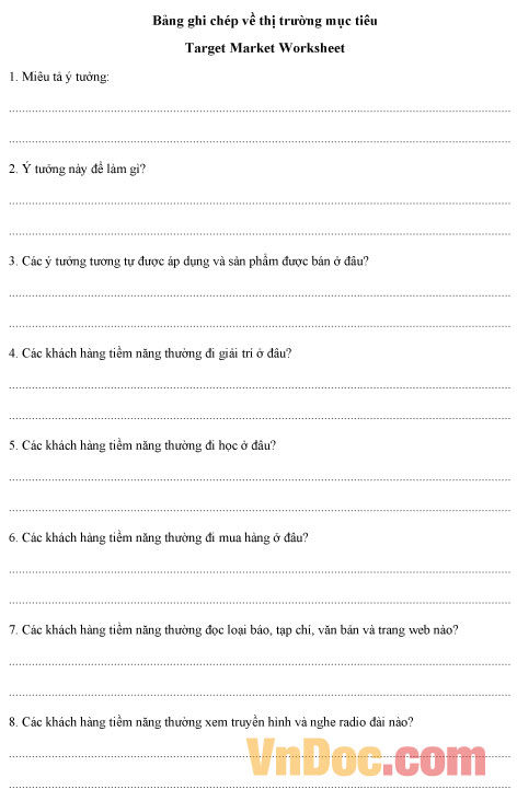 Mẫu bảng ghi chép về thị trường mục tiêu Bảng ghi chép về thị trường mục tiêu