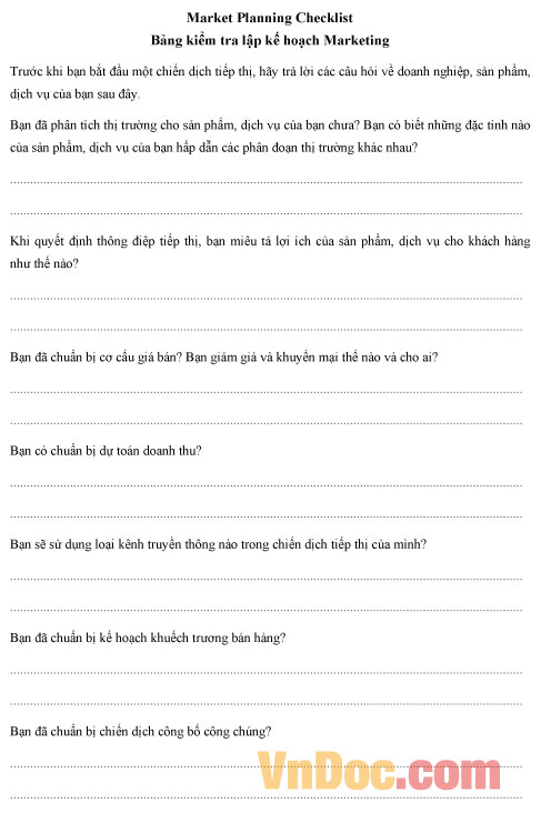 Bảng kiểm tra lập kế hoạch Marketing