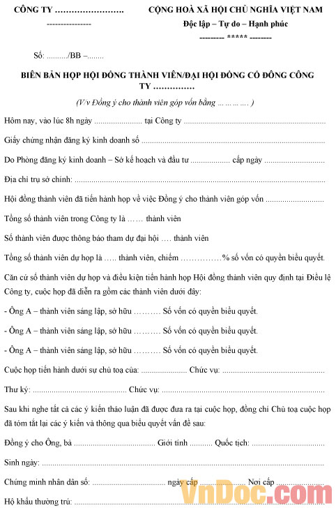 Mẫu biên bản họp đồng ý cho thành viên góp vốn