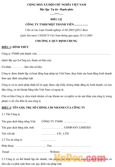 Điều lệ Công ty TNHH một thành viên Mẫu điều lệ Công ty TNHH một thành viên