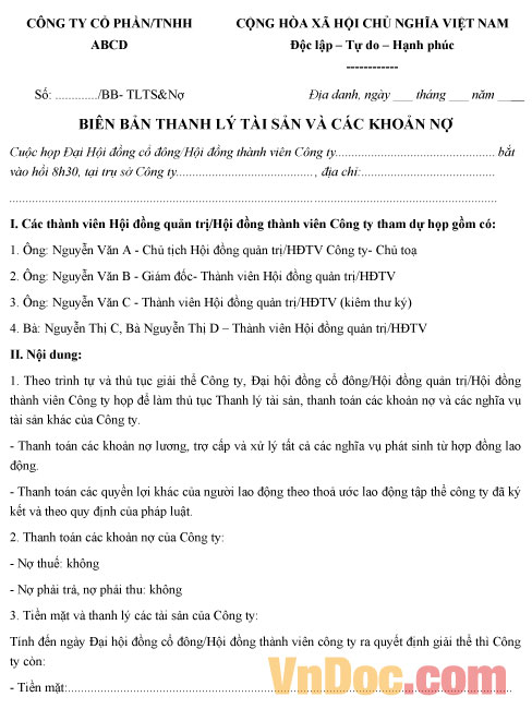 Mẫu biên bản thanh lý tài sản và các khoản nợ