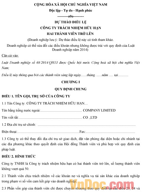 Mẫu bản dự thảo Điều lệ công ty TNHH 2 Thành viên trở lên