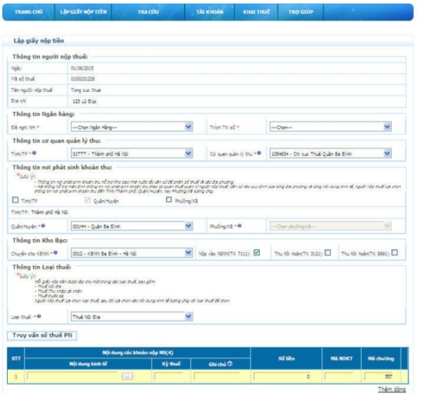 Lập giấy nộp tiền Lập giấy nộp tiền