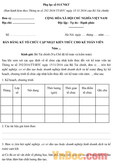 Bản đăng ký tổ chức cập nhật kiến thức cho kế toán viên Mẫu bản đăng ký tổ chức cập nhật kiến thức cho kế toán viên