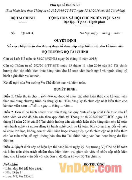 Mẫu quyết định chấp thuận cho đơn vị tổ chức cập nhật kiến thức cho kế toán viên