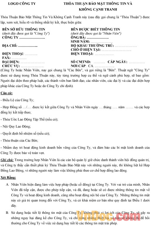 Mẫu thỏa thuận bảo mật thông tin và không cạnh tranh
