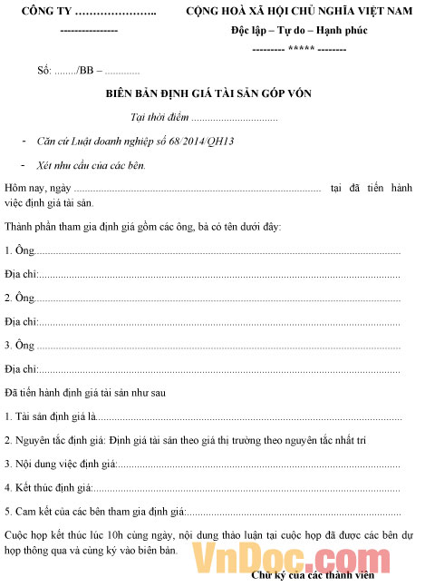 Mẫu biên bản định giá tài sản
