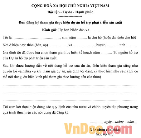 Mẫu đơn đăng ký tham gia thực hiện dự án hỗ trợ phát triển sản xuất