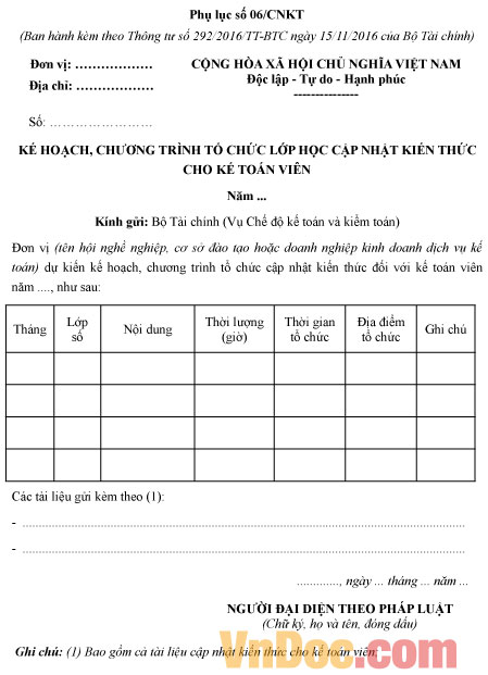 Mẫu kế hoạch chương trình tổ chức lớp học cập nhật kiến thức cho kế toán viên