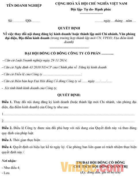 Quyết định của Công ty cổ phần Mẫu quyết định của Công ty cổ phần