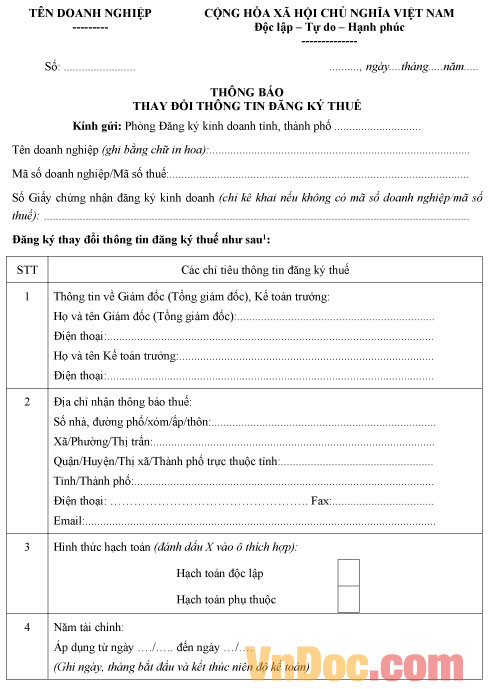 Mẫu thông báo thay đổi thông tin đăng ký thuế