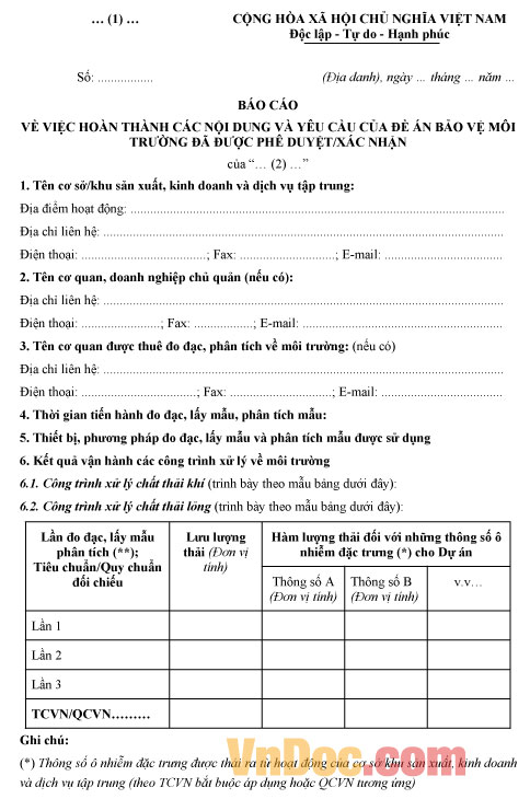 Bản báo cáo hoàn thành các nội dung của Đề án bảo vệ môi trường Mẫu bản báo cáo hoàn thành các nội dung của Đề án bảo vệ môi trường