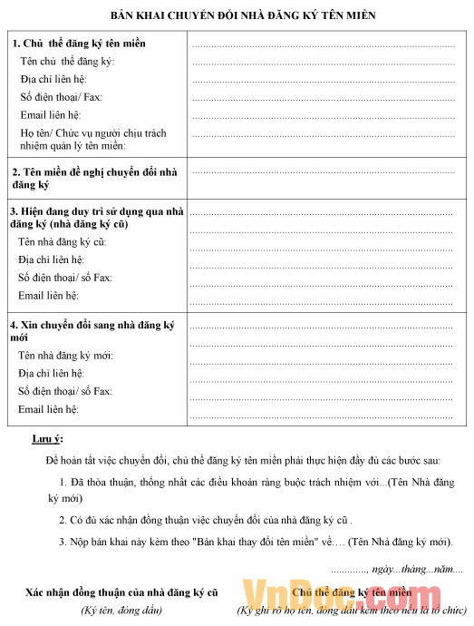 Bản khai chuyển đổi nhà đăng ký tên miền Mẫu bản khai chuyển đổi nhà đăng ký tên miền