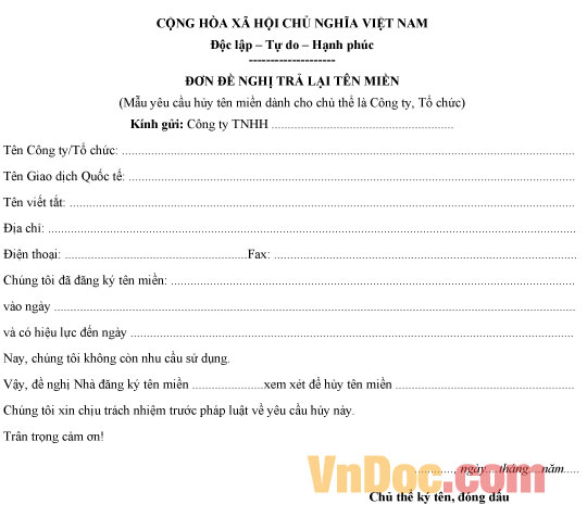 Đơn đề nghị trả lại tên miền Mẫu đơn đề nghị trả lại tên miền