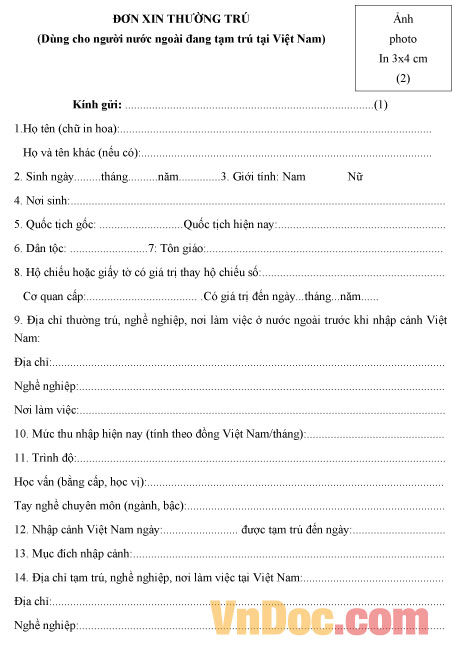 Mẫu đơn xin thường trú
