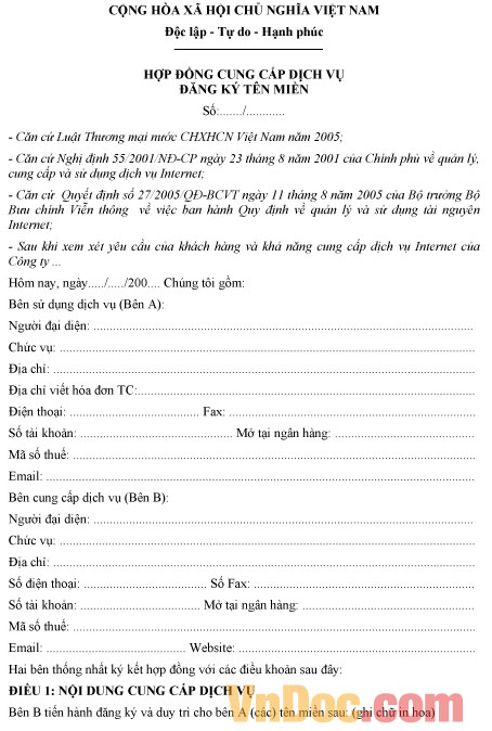 Hợp đồng cung cấp dịch vụ đăng ký tên miền Mẫu hợp đồng cung cấp dịch vụ đăng ký tên miền