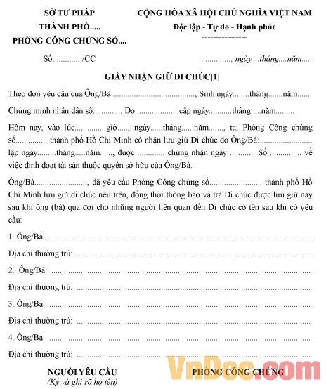 Mẫu giấy nhận giữ di chúc