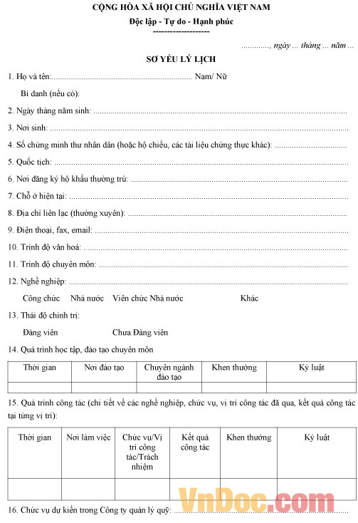 Mẫu sơ yếu lý lịch các thành viên công ty quản lý quỹ