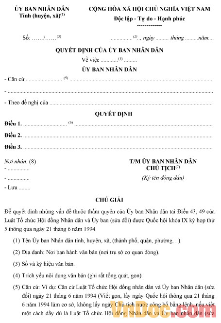 Mẫu quyết định của Ủy ban nhân dân