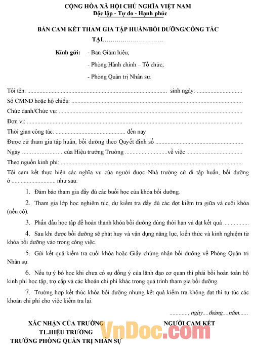 Bản cam kết tham gia tập huấn, bồi dưỡng, hội thảo Mẫu bản cam kết tham gia tập huấn, bồi dưỡng, hội thảo