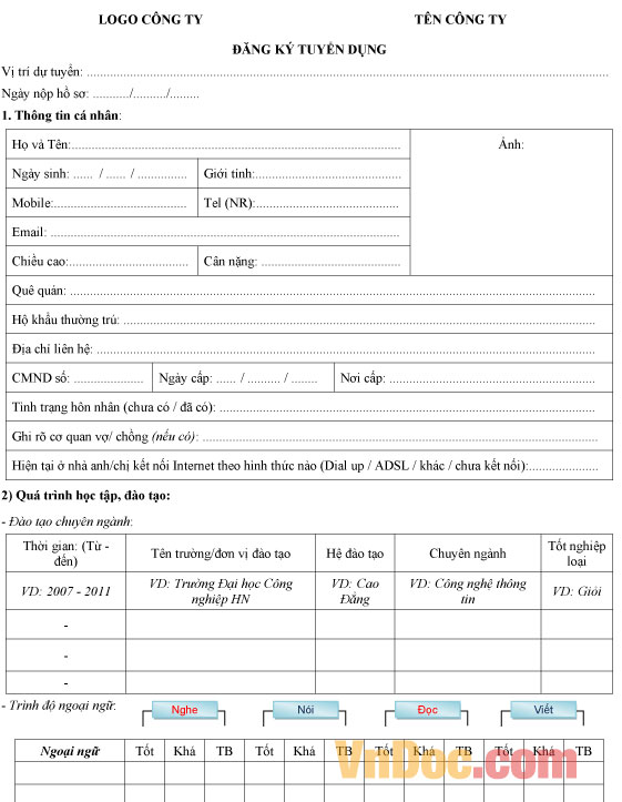 Mẫu đăng ký tuyển dụng