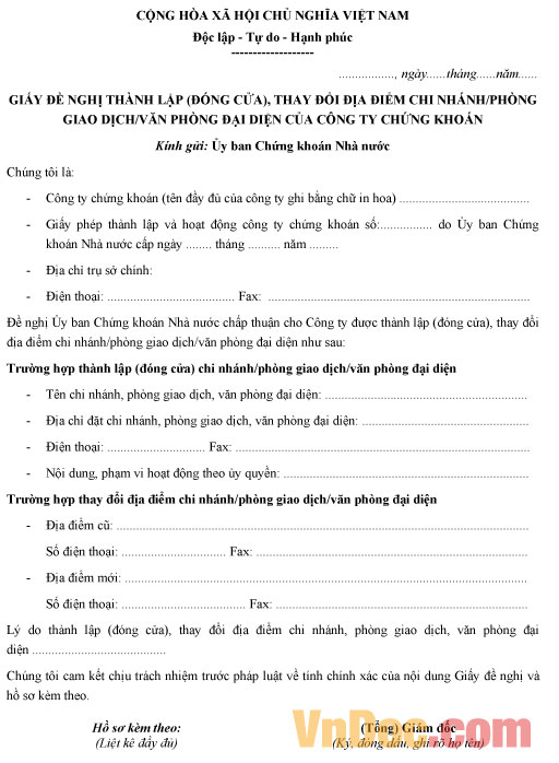 Mẫu giấy đề nghị thay đổi địa điểm chi nhánh công ty chứng khoán