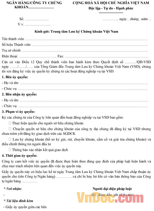 Mẫu văn bản ủy quyền ký chứng từ nghiệp vụ chứng khoán