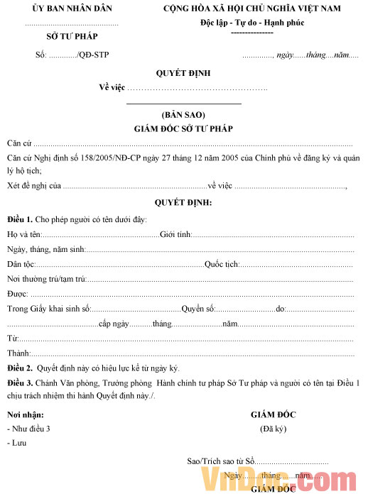 Mẫu quyết định thay đổi, cải chính hộ tịch, xác định lại dân tộc, xác định lại giới tính