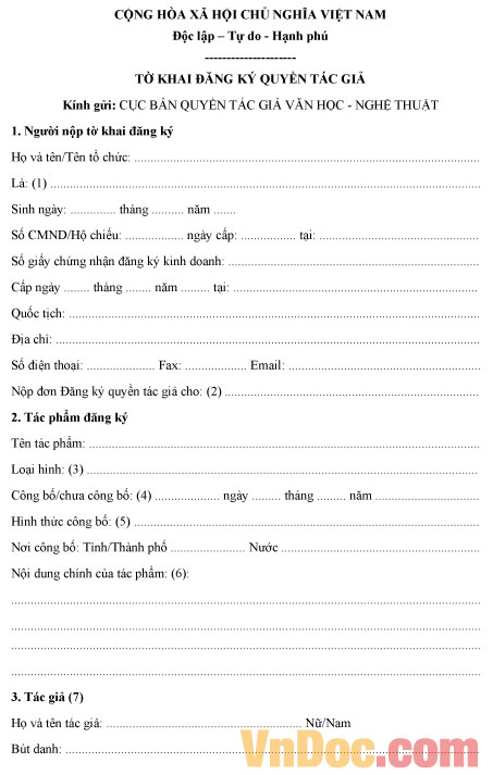Mẫu tờ khai đăng ký quyền tác giả