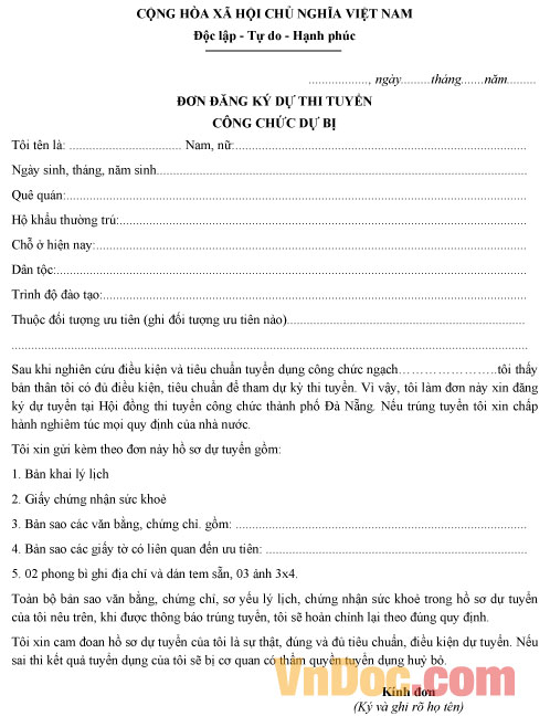 Mẫu đơn đăng ký dự thi tuyển công chức dự bị